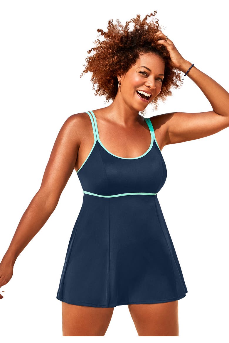 Lingerie Strap Swimdress, Main, color, Navy Miami Vice