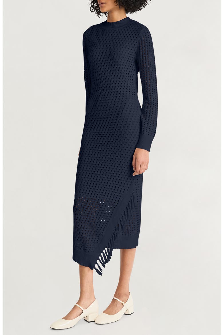 Open Stitch Fringe Long Sleeve Asymmetric Sweater Dress, Alternate, color, EVENING BLUE