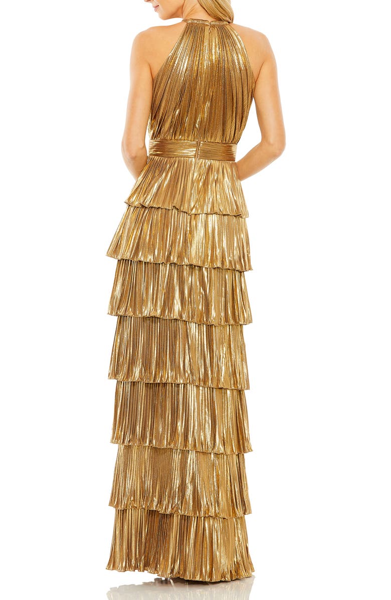 Mac Duggal High Neck Heat Pleated Tiered Ruffle Metallic Gown, Alternate, color, Gold