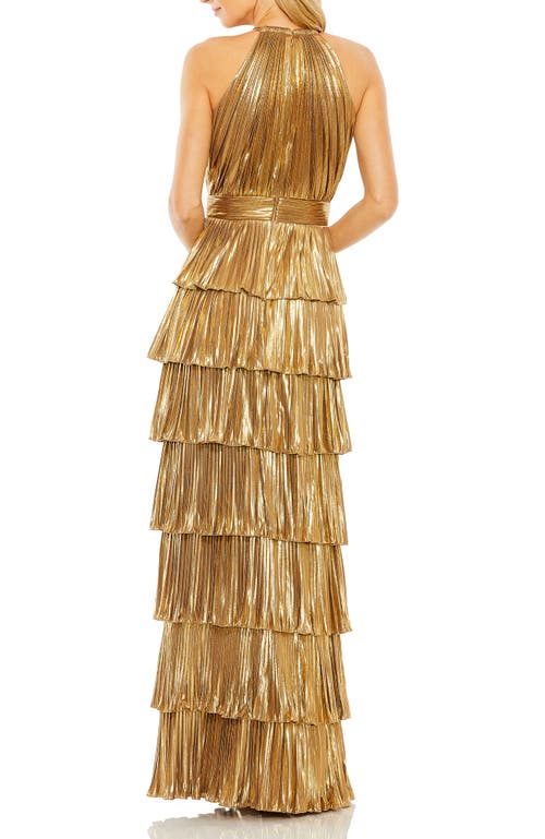 Mac Duggal High Neck Heat Pleated Tiered Ruffle Metallic Gown In Gold
