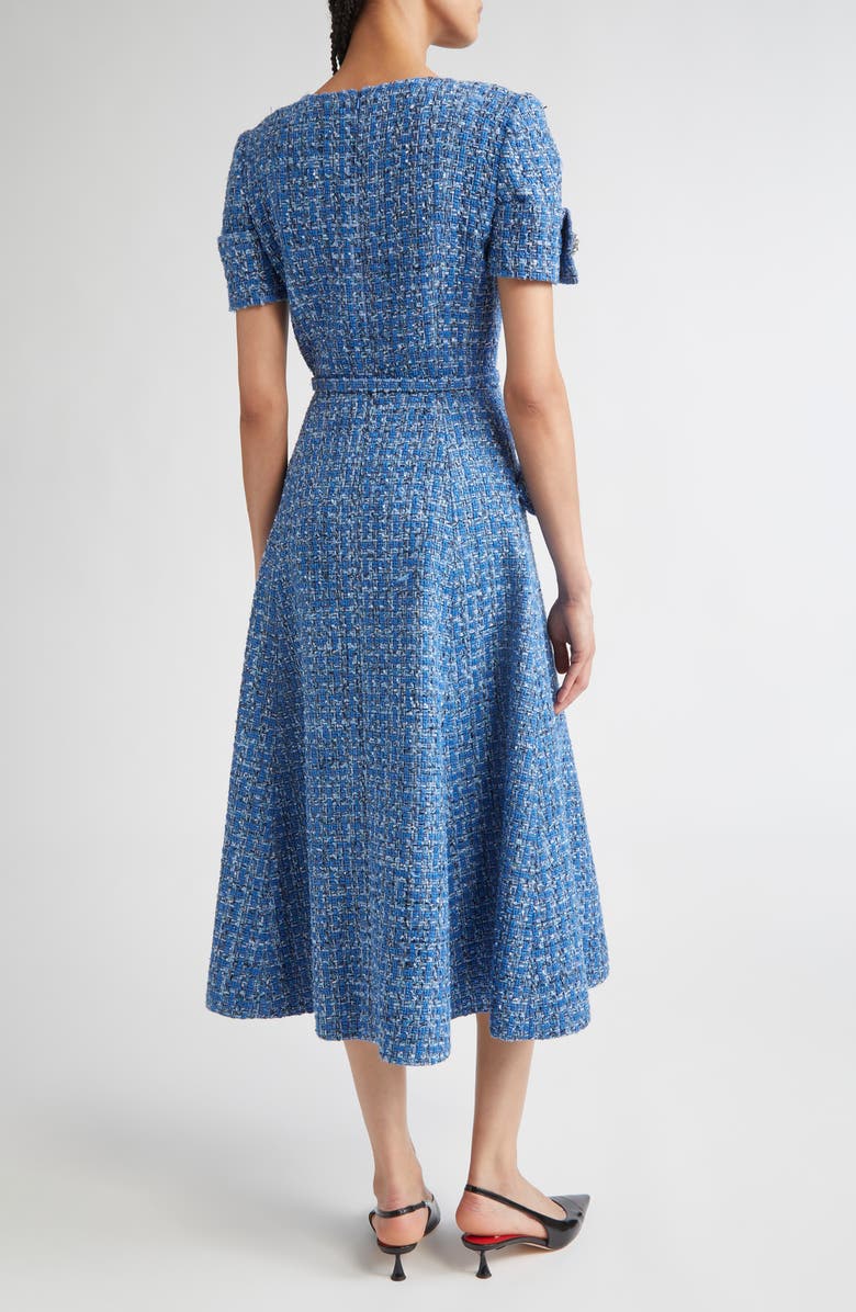 Carolina Herrera Crystal Button Tweed A-Line Dress, Alternate, color, Blue Multi