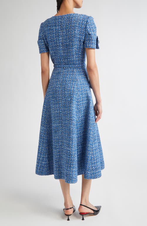 Carolina Herrera Crystal Button-front Tweed Midi Dress With Belt In Blue