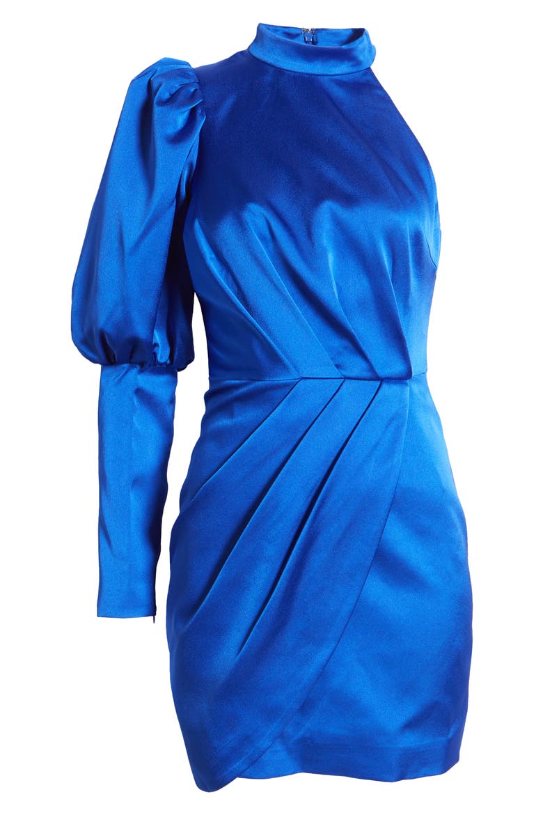 One Shoulder Puff Sleeve Satin Cocktail Dress, Alternate, color, BLUE