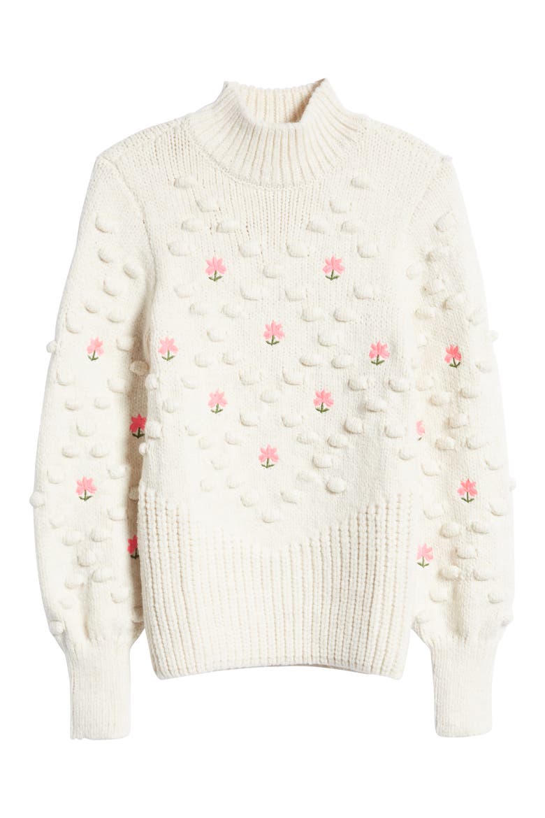 Flower Embroidered Pompom Sweater, Alternate, color, CREAM