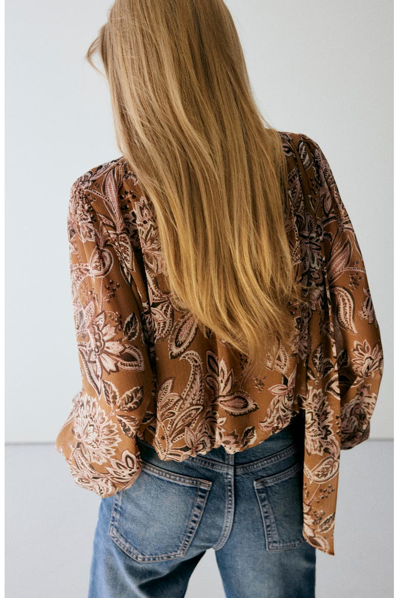 Floral Print Tie Neck Top, Alternate, color, BROWN