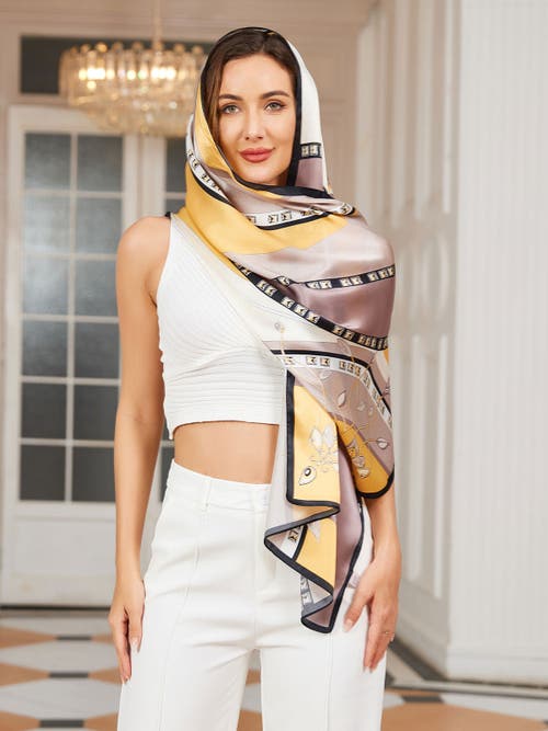 Silksilky Mulberry Silk Printed Rectangular Long Shawl Scarf In Yellow