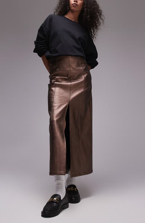 Metallic Faux Leather Maxi Skirt