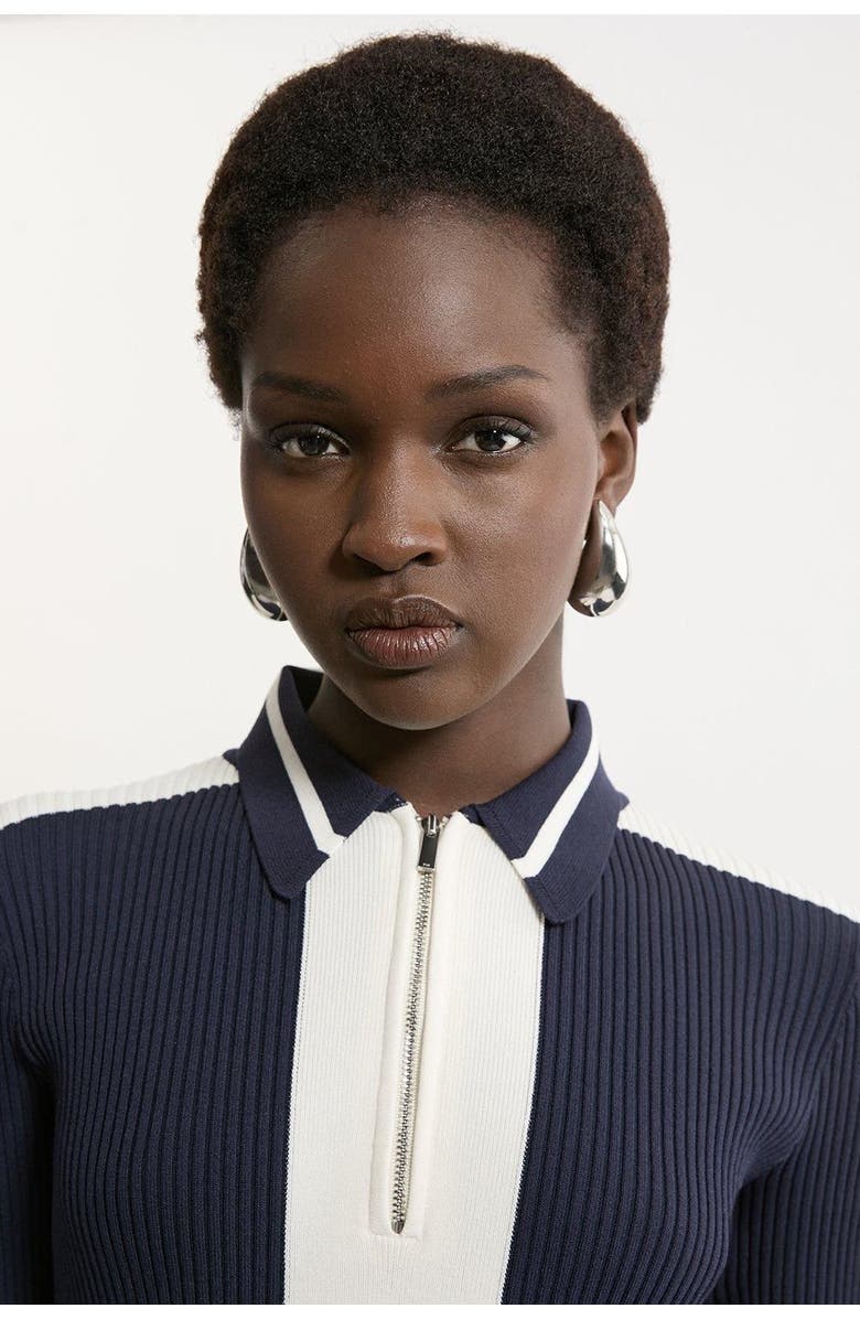 Karen Millen Rib Knit Polo Zip Up Midi Dress, Alternate, color, Navy