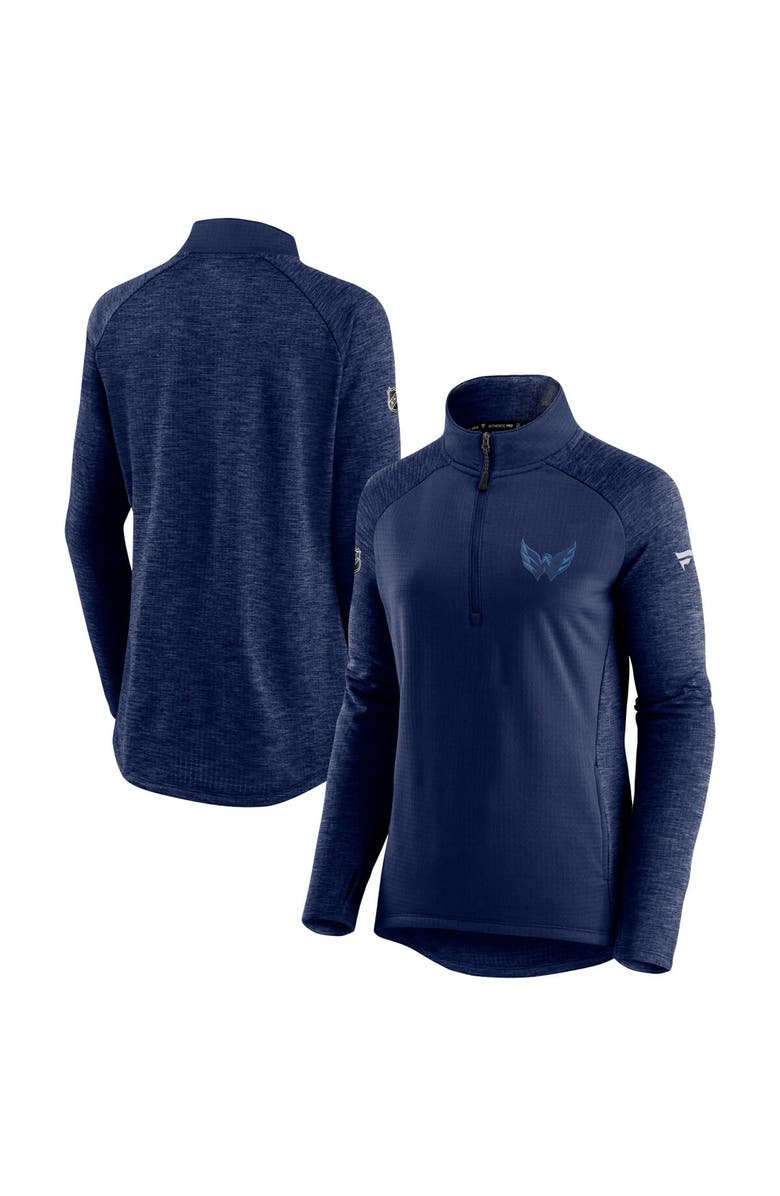 FANATICS Women's Fanatics Branded Navy/Heathered Navy Washington Capitals Authentic Pro Travel & Training Raglan Quarter-Zip Jacket, Main, color,