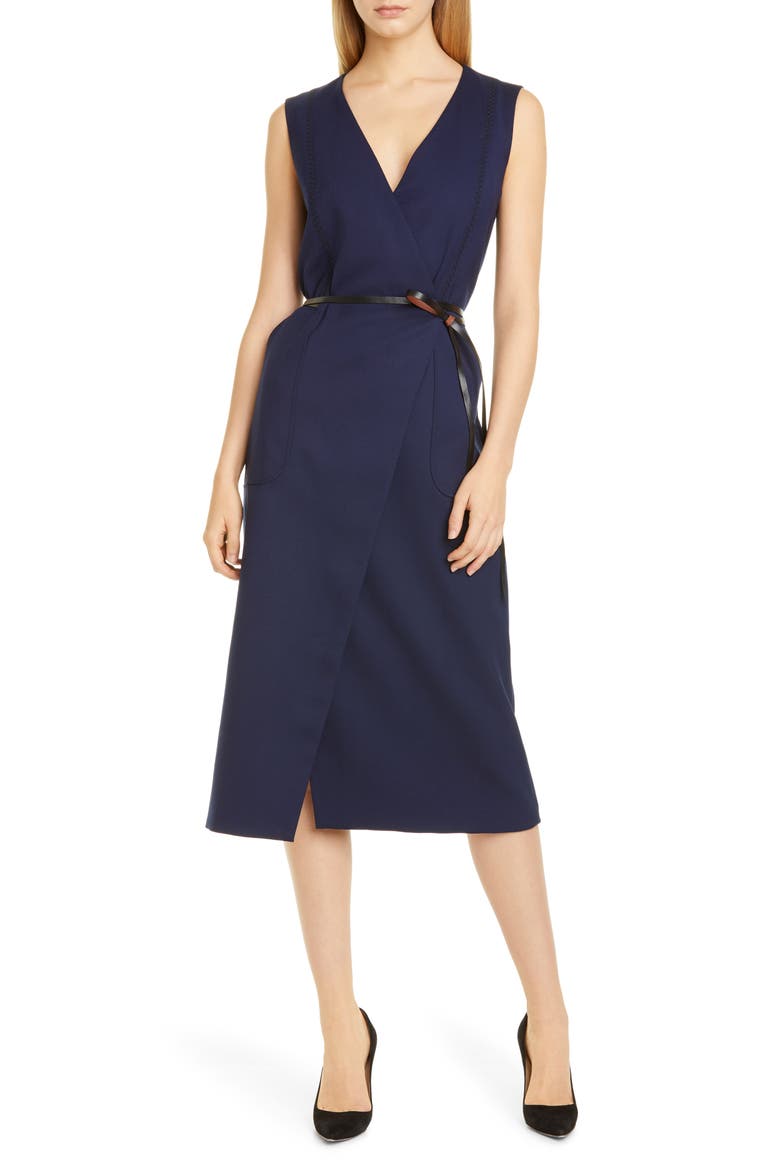 Belted Wool Pencil Dress, Main, color, 000406 BERRY BLUE