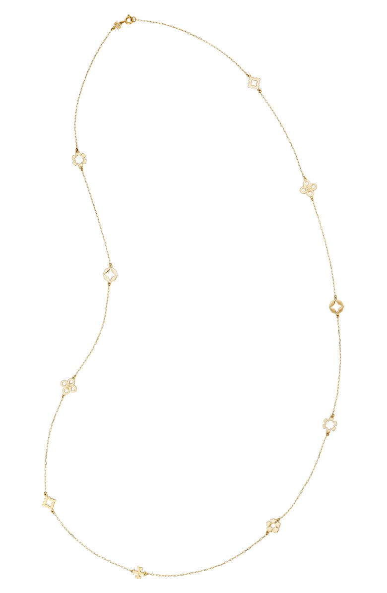 Tory Burch Long Forget Me Not Necklace, Main, color, Tory Gold