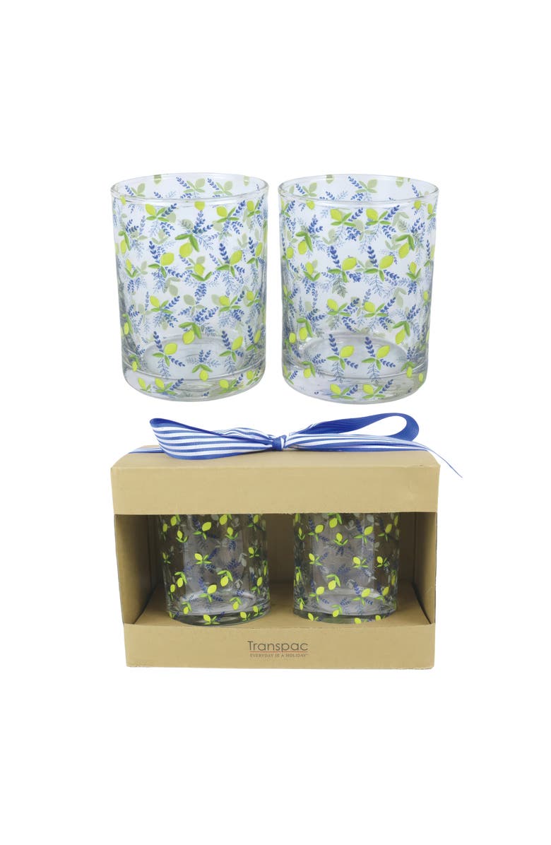 Transpac Glass Juice Cups Lemon Print Set of 2 Wood Multicolored for Spring Serving and Entertaining, Main, color, Multicolored