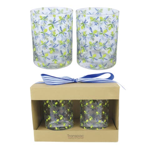 Glass Juice Cups Lemon Print Set of 2 Wood Multicolored for Spring Serving and Entertaining