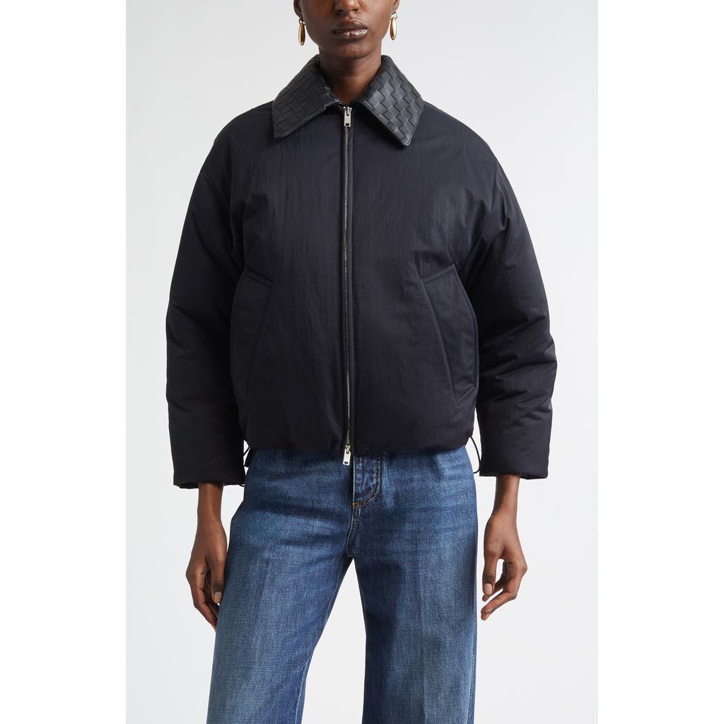 Bottega Veneta Intrecciato Leather Collar Tech Nylon Puffer Jacket In Black