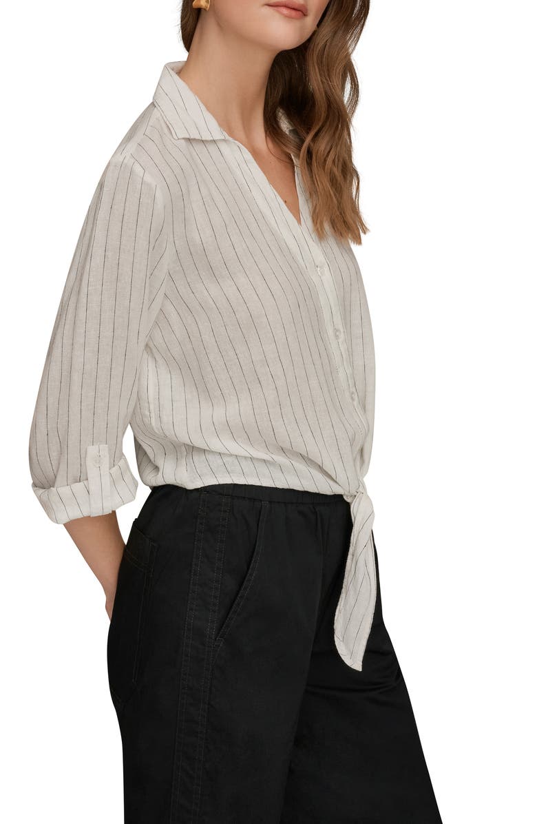 Donna Karan New York Yarn Dye Stripe Crop Linen Blend Button-Up Shirt, Alternate, color, Cream/ Black