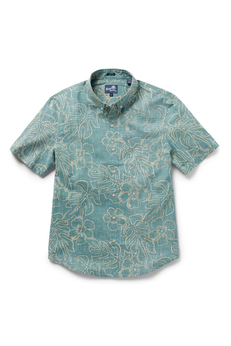 Monstera Ink Tailored Fit Short Sleeve Button-Down Shirt, Main, color, SAGEBRUSH