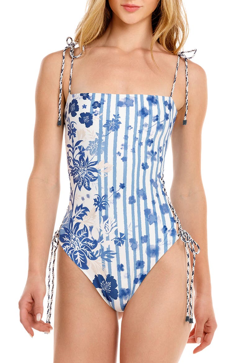 Posh Batik Lace-Up One-Piece Swimsuit, Main, color, BLUE