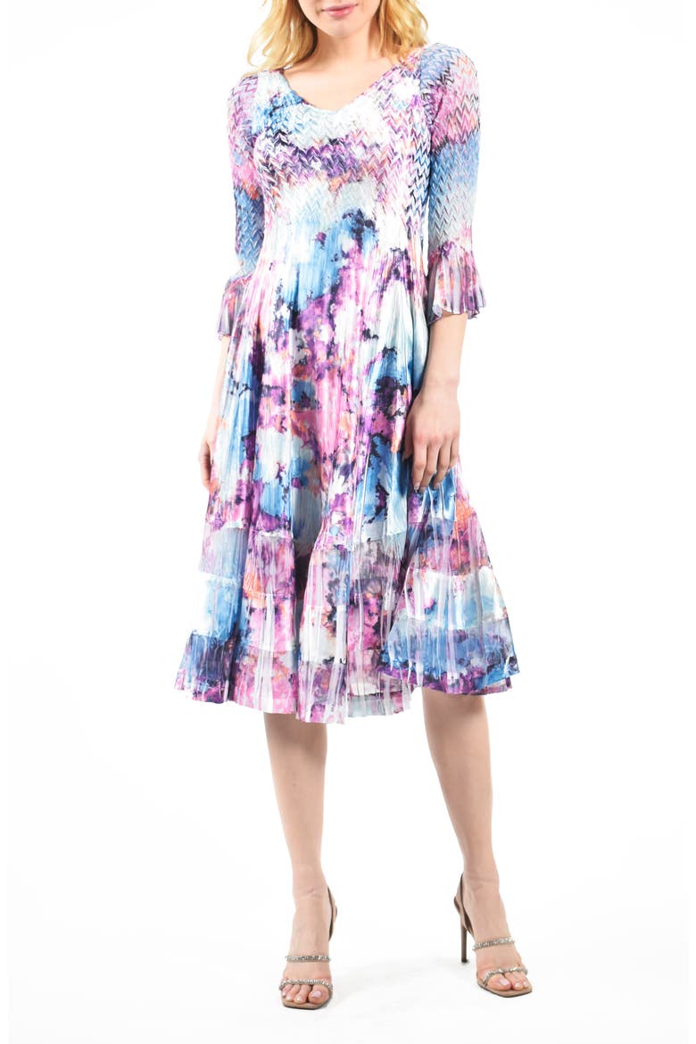 Bell Sleeve Charmeuse & Chiffon Dress, Main, color, PURPLE BURST