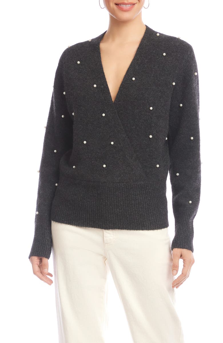 Karen Kane Faux Pearl Embellished Wrap Sweater, Main, color, Charcoal