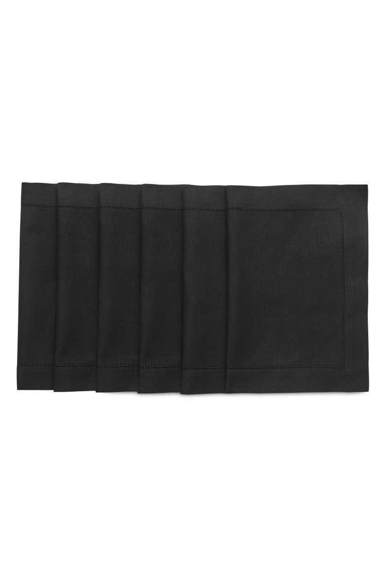 Solino Home Cotton Linen Hemstitch Placemats - Set of 6, 20" x 20", Main, color, Black