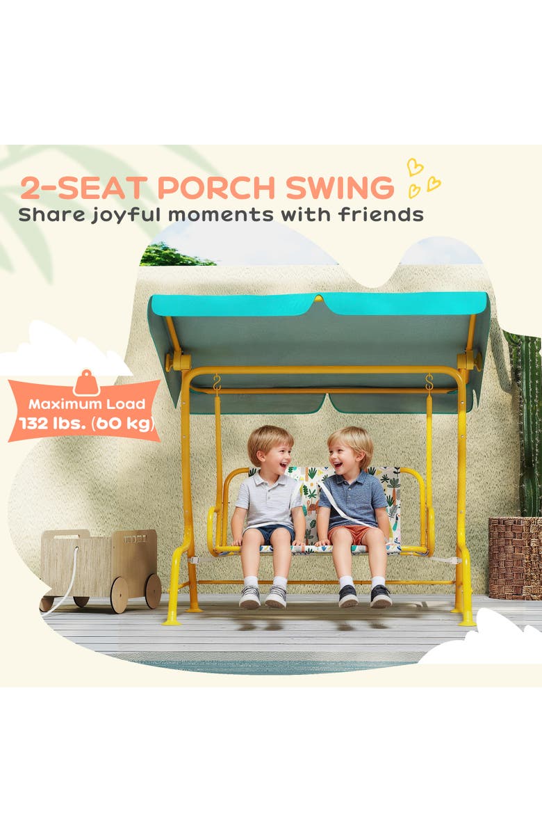 Qaba 2-Seater Kids Porch Swing with Safety Belts and Adjustable Canopy, Alternate, color, Green
