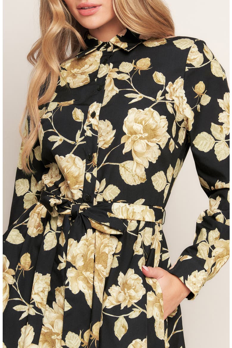 Print Long Sleeve Midi Shirtdress, Alternate, color, BLACK