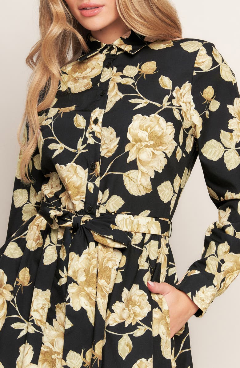 FLYING TOMATO Print Long Sleeve Midi Shirtdress, Alternate, color, Black