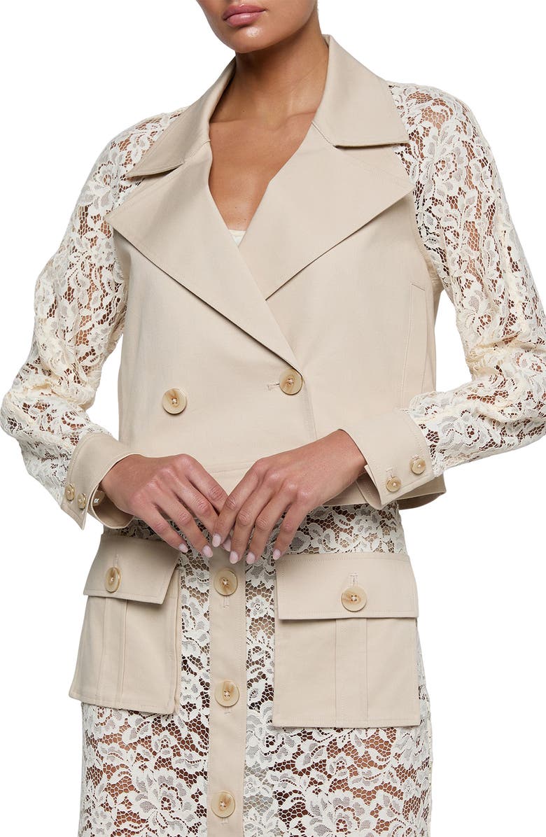 L'AGENCE Novelle Lace Sleeve Trench Coat, Main, color, Biscuit/ Ecru