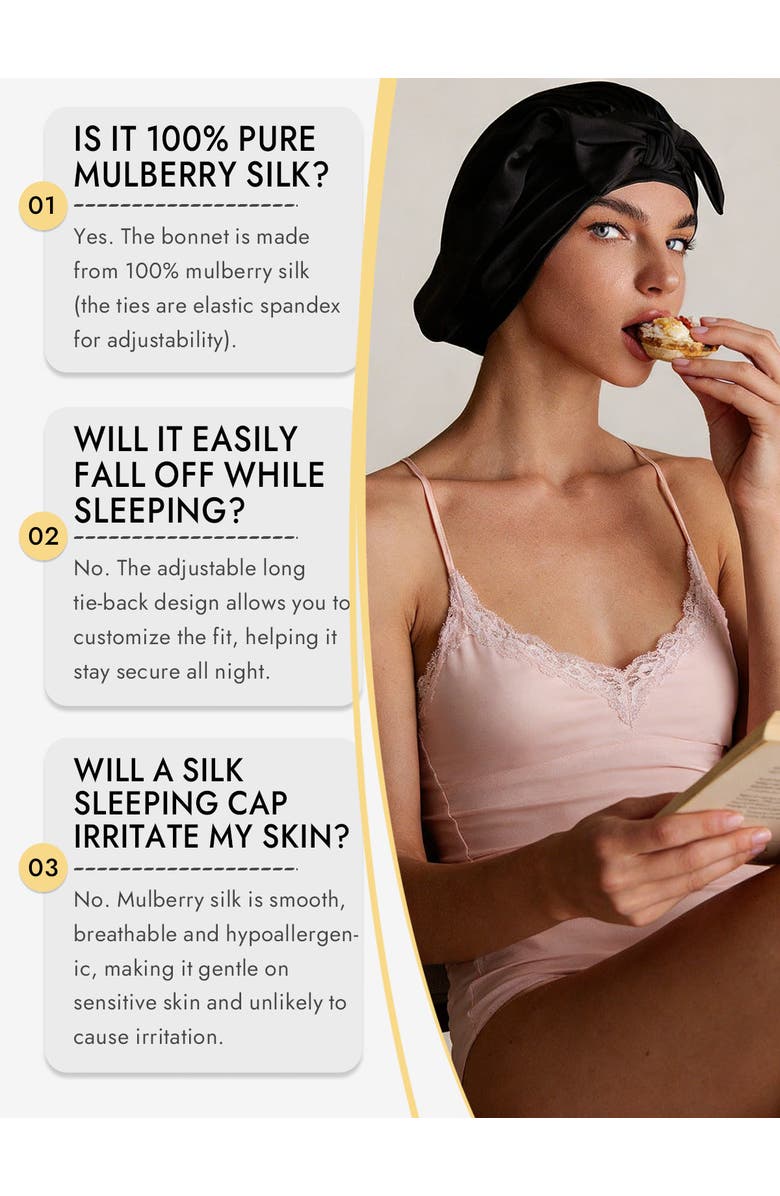 SILKSILKY Pure Silk Bowknot Tie Bonnet, Alternate, color, Black