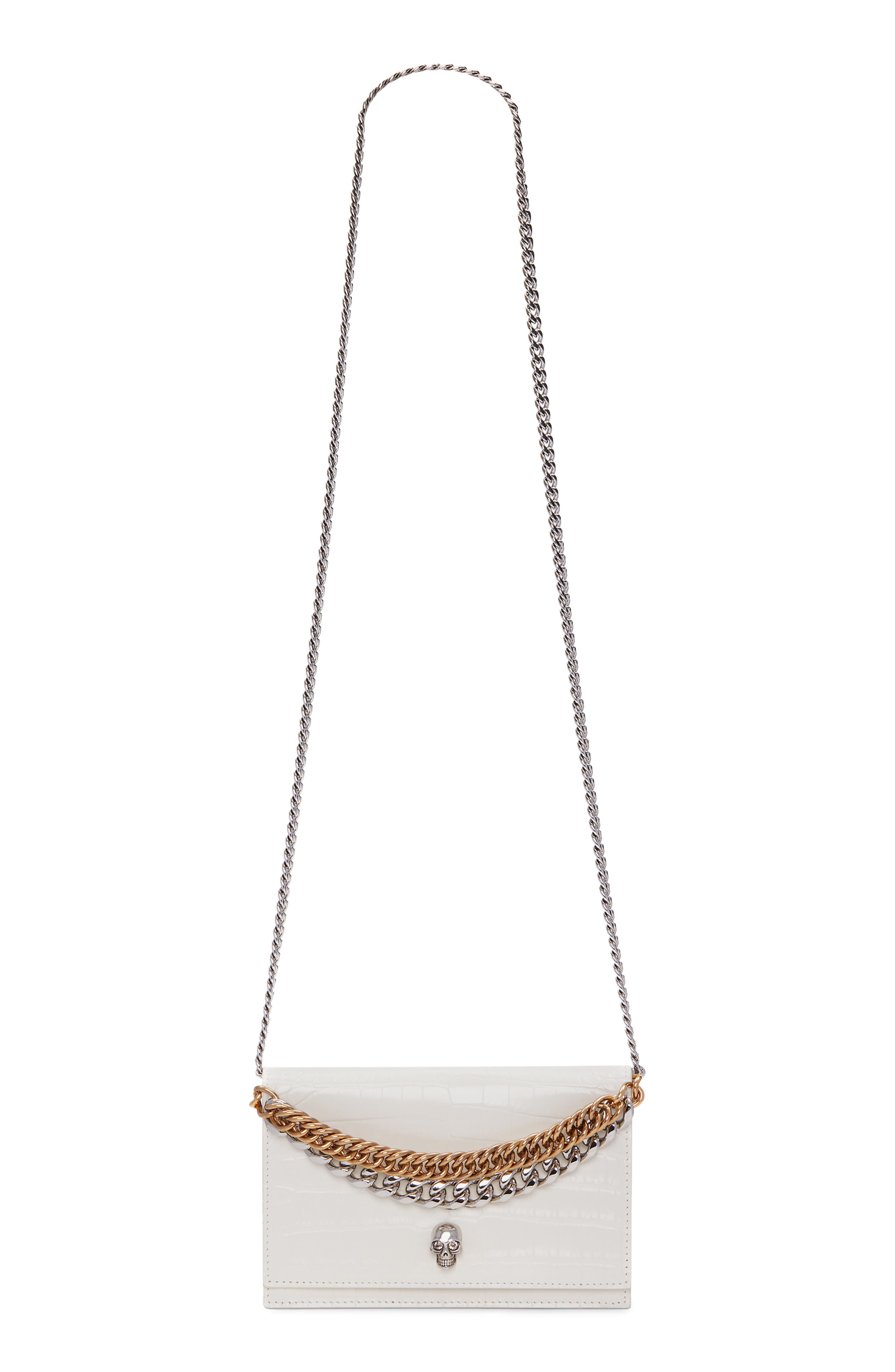 McQueen Small Skull Croc Embossed Leather Shoulder Bag, Alternate, color, 