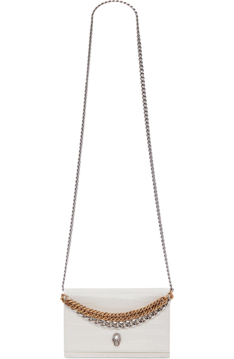 McQueen Small Skull Croc Embossed Leather Shoulder Bag, Alternate, color,