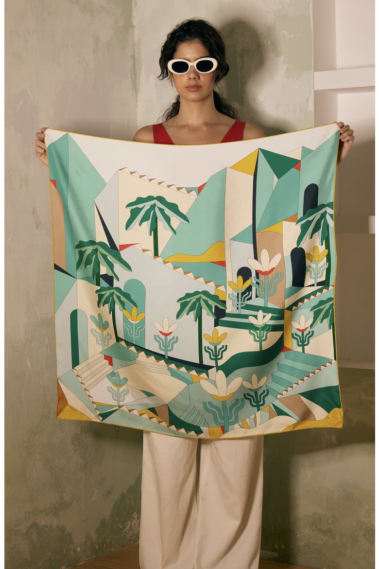 Double Sided Silk Scarf of Tropical Breeze, Alternate, color, Blue