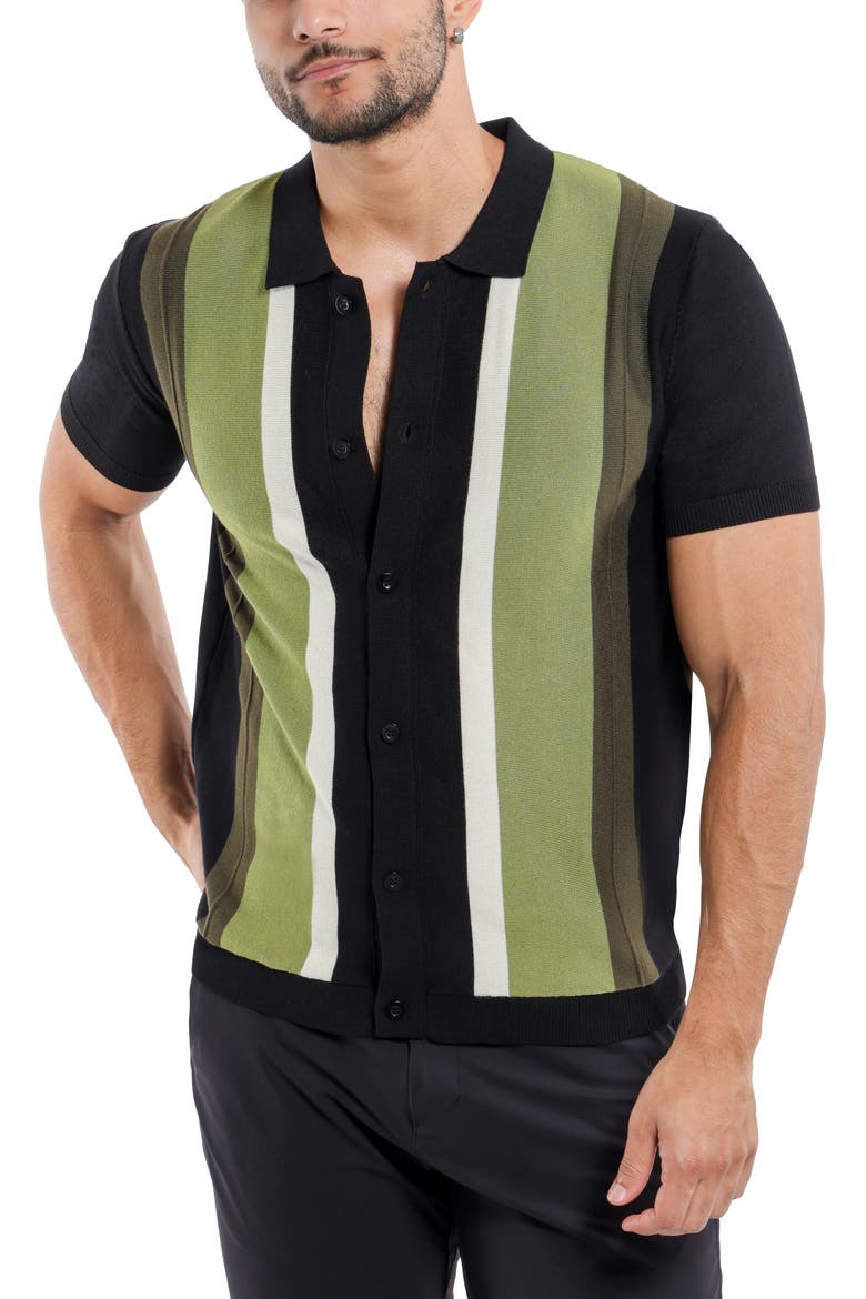 Stripe Short Sleeve Button-Up Polo Sweater, Alternate, color, BLACK/OLIVE