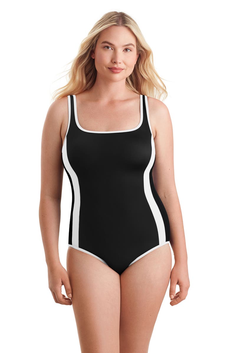 ShapeSolver Sport Side Panel Tank Chlorine Resistant One-Piece Swimsuit, Main, color, Black And White