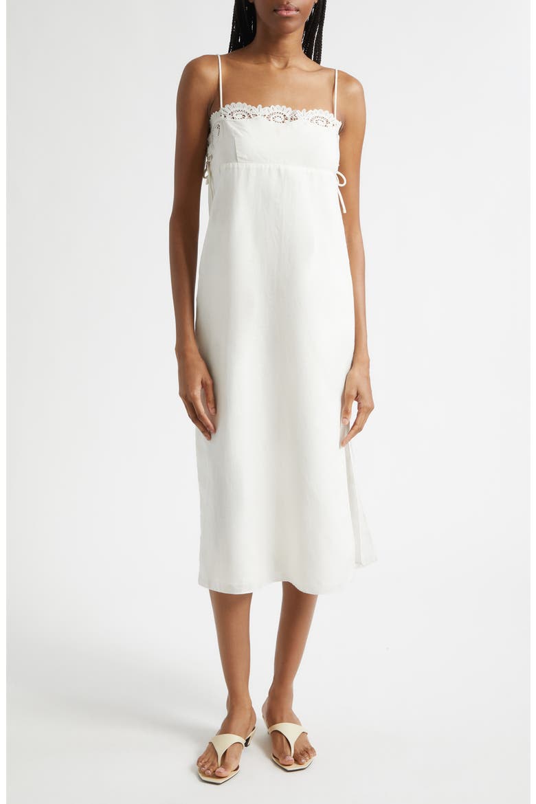 Darya Broderie Trim Side Tie Midi Dress, Main, color, CREAM