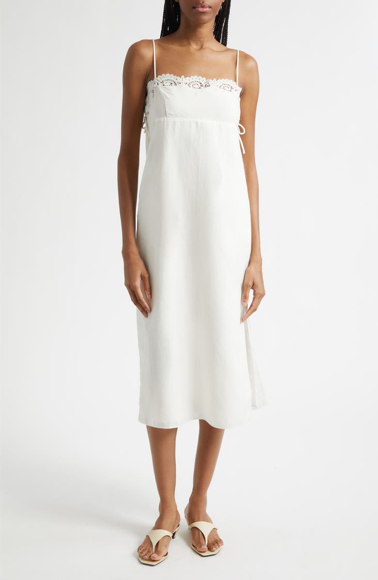 POSSE Darya Broderie Trim Side Tie Midi Dress, Main, color, Cream