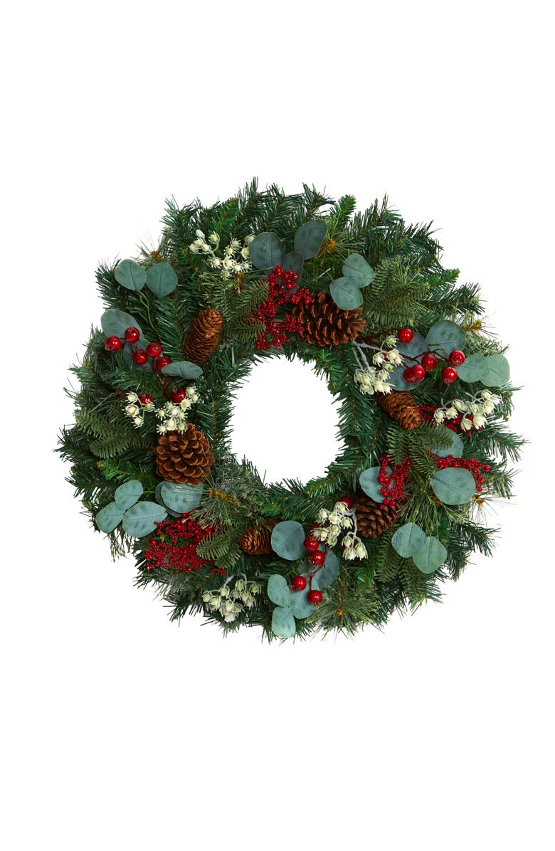NEARLY NATURAL 24-in Eucalyptus and Pine Artificial Wreath with Berries and Pine Cones, Main, color, Green