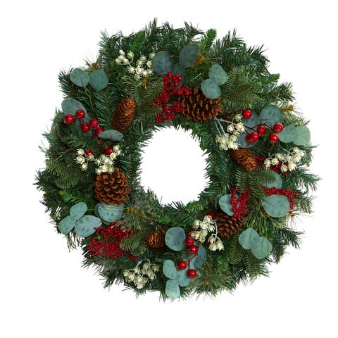 24-in Eucalyptus and Pine Artificial Wreath with Berries and Pine Cones