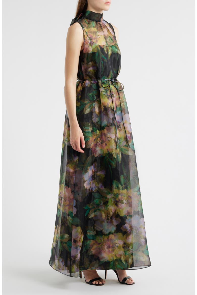 Tie Neck Organza Cocktail Dress, Alternate, color, BLACK MULTI