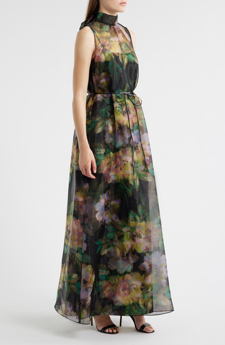 Julia Jordan Tie Neck Organza Cocktail Dress, Alternate, color, Black Multi