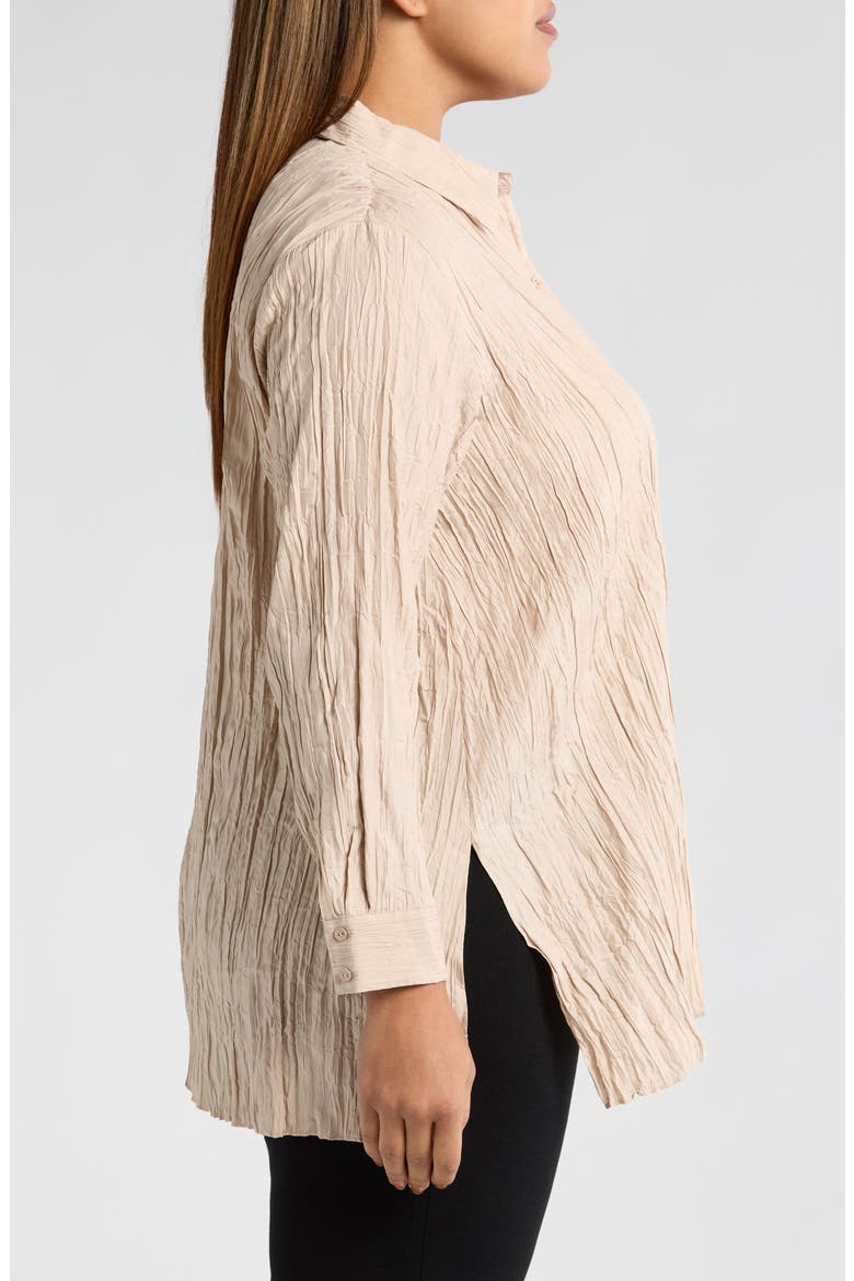 Classic Collar Pleated Longline Silk Button-Up Shirt, Alternate, color, WHEAT
