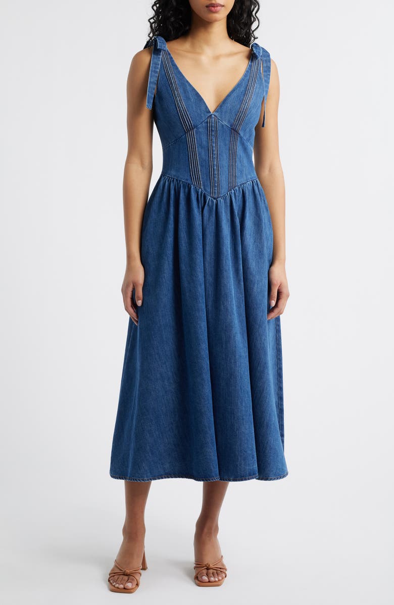 FREEMARKET Plunge Neck Tie Shoulder Denim Midi Dress, Main, color, 