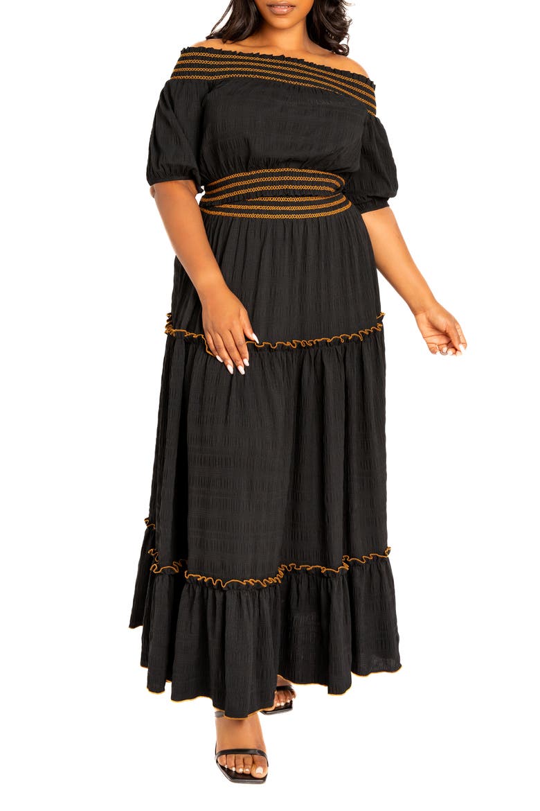 Smocked Off the Shoulder Puff Sleeve Top & Maxi Skirt Set, Alternate, color, BLACK