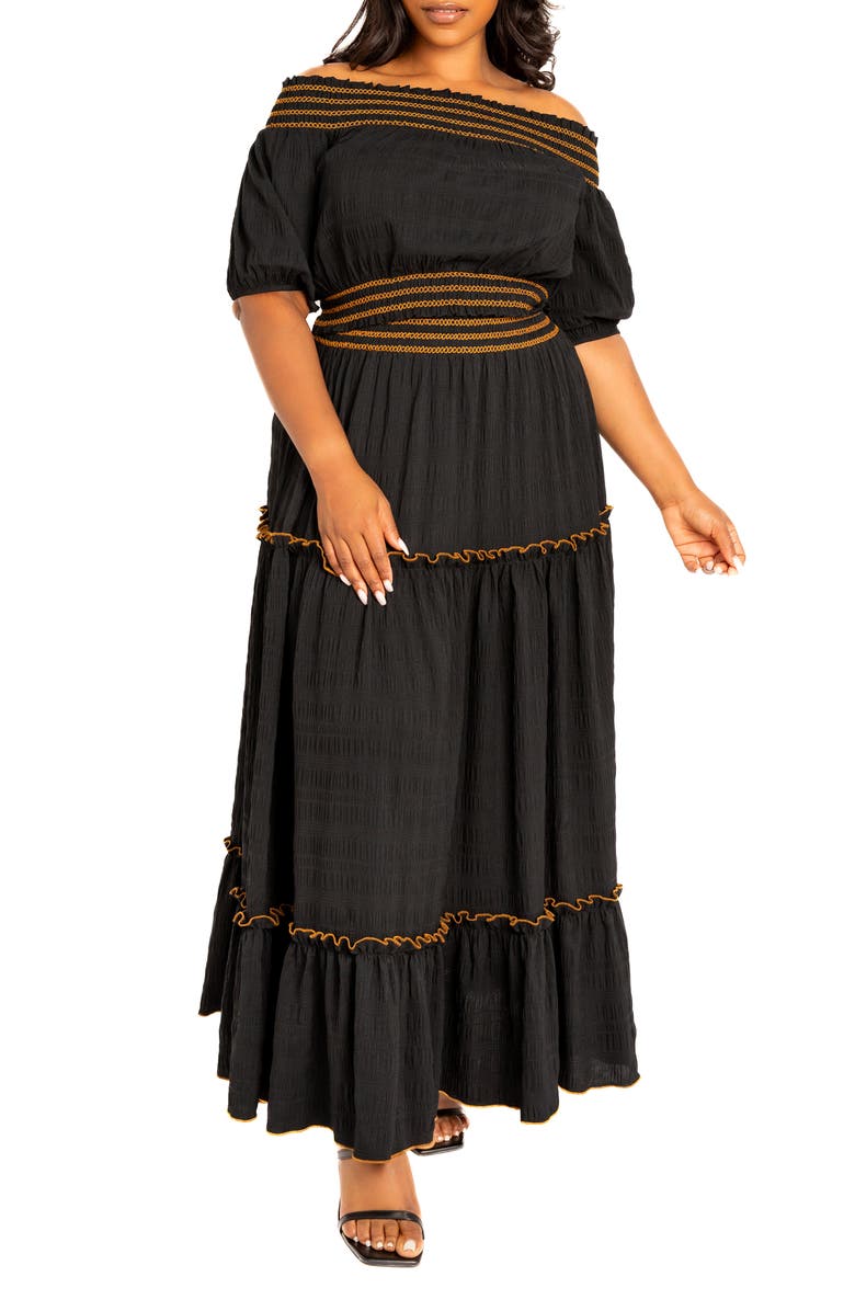 BUXOM COUTURE Smocked Off the Shoulder Puff Sleeve Top & Maxi Skirt Set, Alternate, color, Black