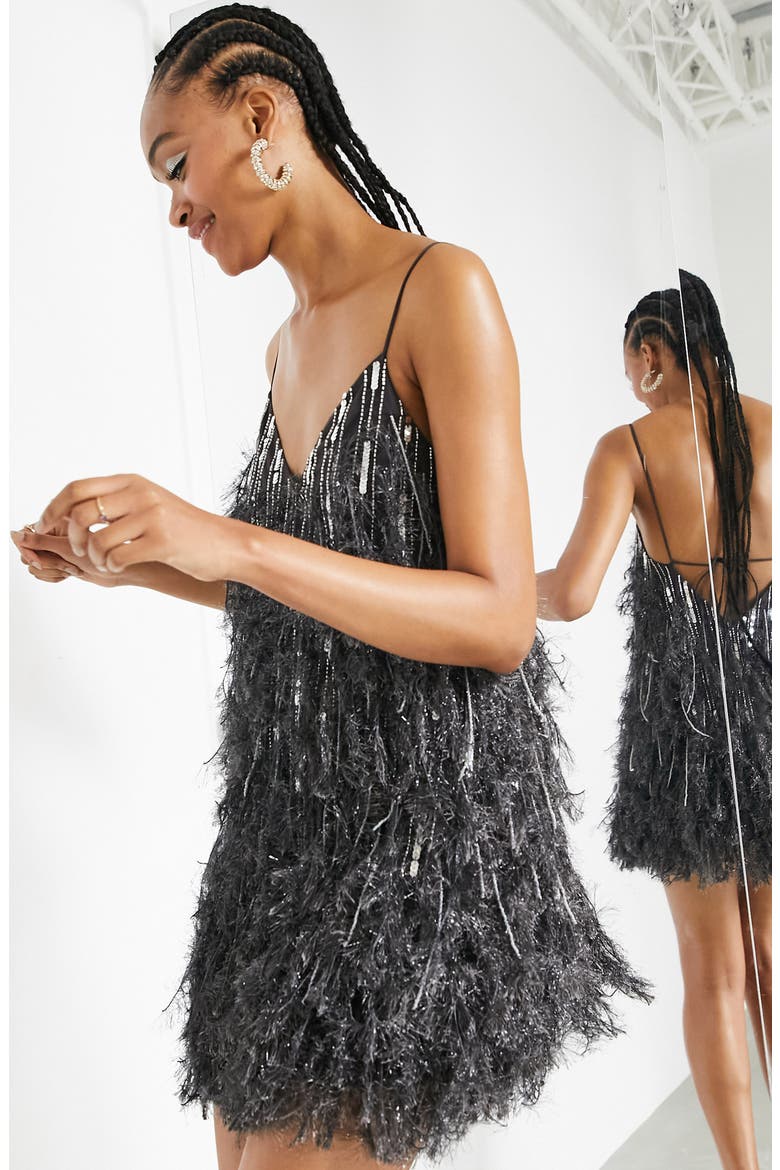 Sequin & Faux Feather Minidress, Alternate, color, CHARCOAL