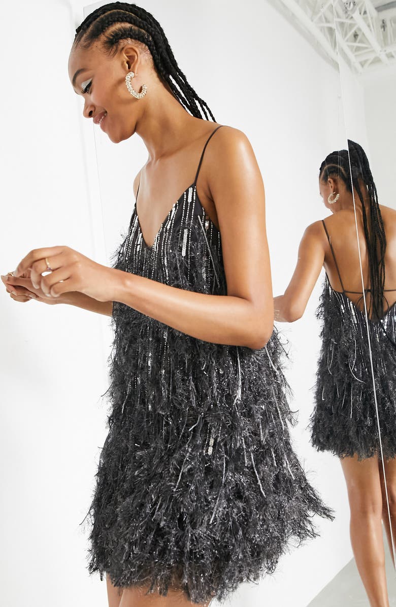 ASOS DESIGN Sequin & Faux Feather Minidress, Alternate, color, 