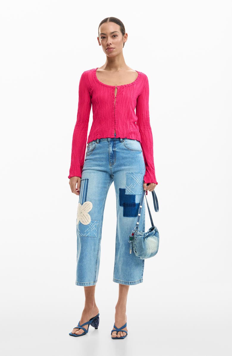 Desigual Tie Sleeve Rib Top, Alternate, color, Fuchsia