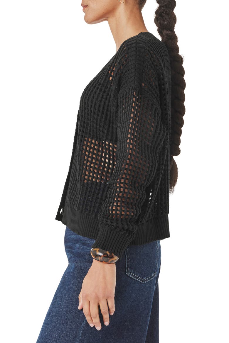 Camellia Openwork V-Neck Cotton Blend Cardigan, Alternate, color, BLACK