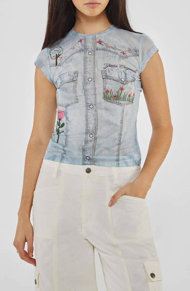 GUESS Studded Denim Trompe l'Oeil Mesh Graphic T-Shirt, Main, color, 