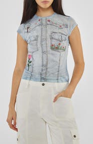 GUESS Studded Denim Trompe l'Oeil Mesh Graphic T-Shirt